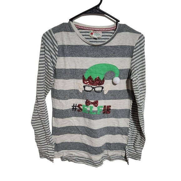 Ugly Christmas Sweater T-Shirt Womens Medium Elf Selfie Gray Striped Long Sleeve - Picture 1 of 5